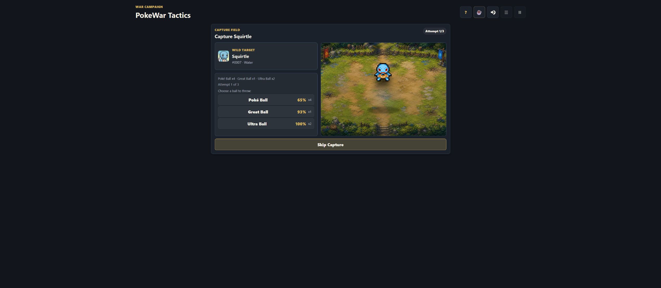 Current build wild capture screen showing Squirtle and three ball choices with visible odds