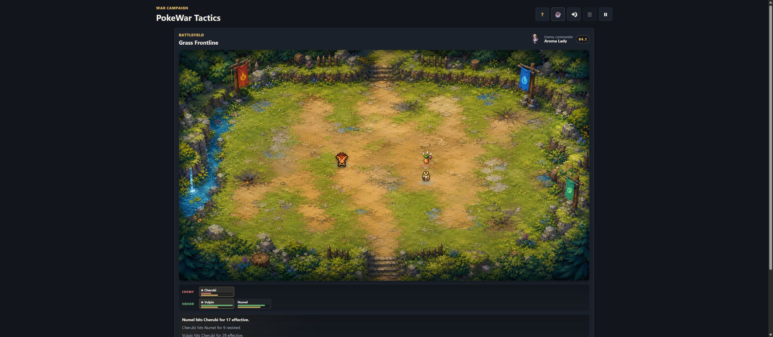 Current build real-time battle on a detailed forest battlefield, with Vulpix and Numel advancing on Cherubi