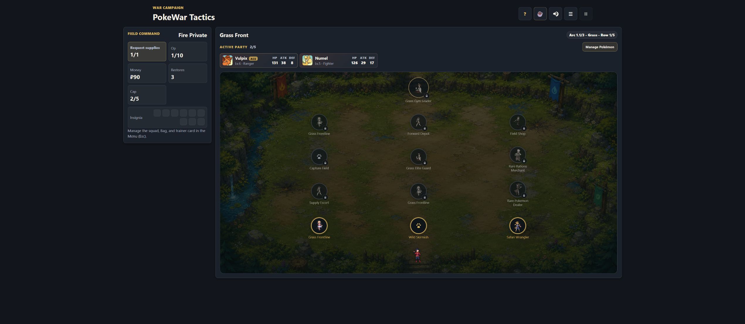 Current build gameplay showing a Fire Army operation route with three choices in each row and the Grass stronghold boss at the top