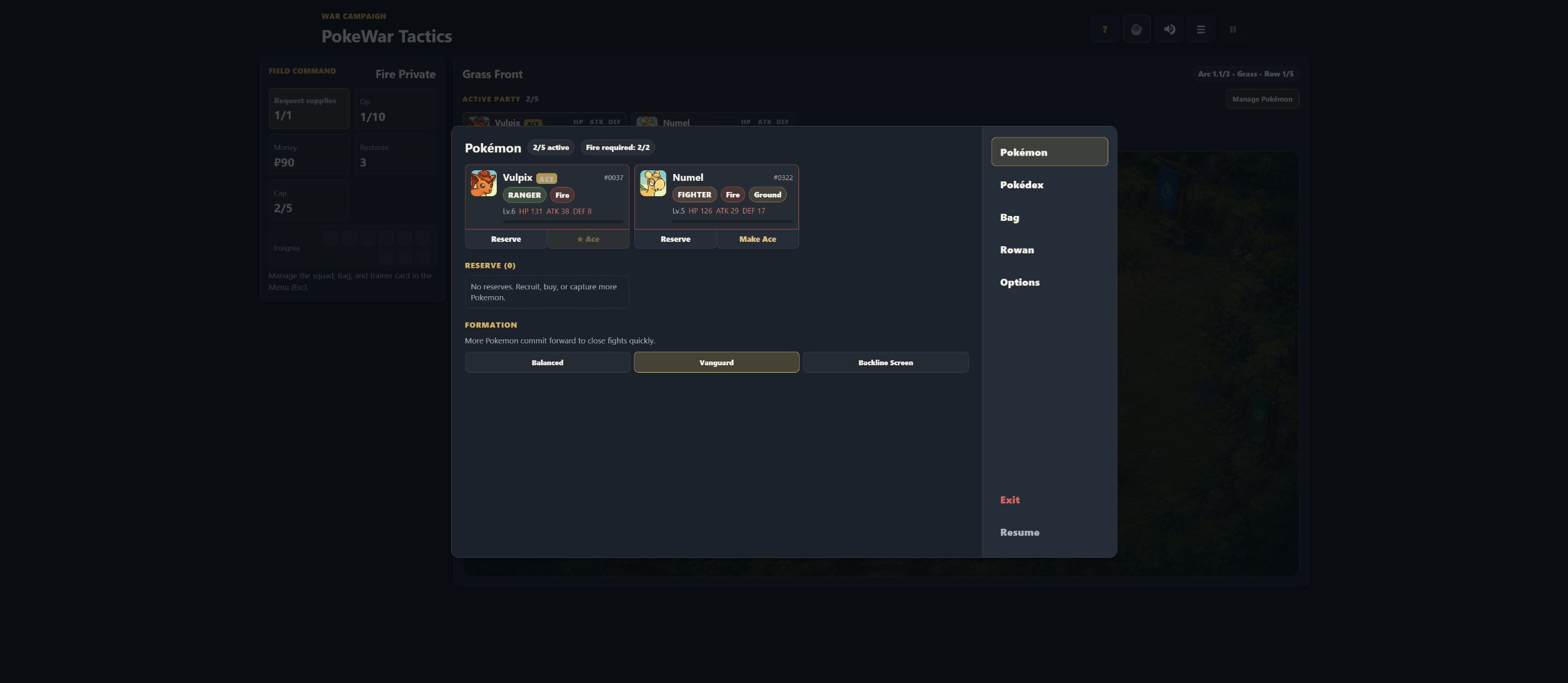 Current build squad menu showing Vulpix and Numel, Ace selection, stats, active slots, and three formation choices